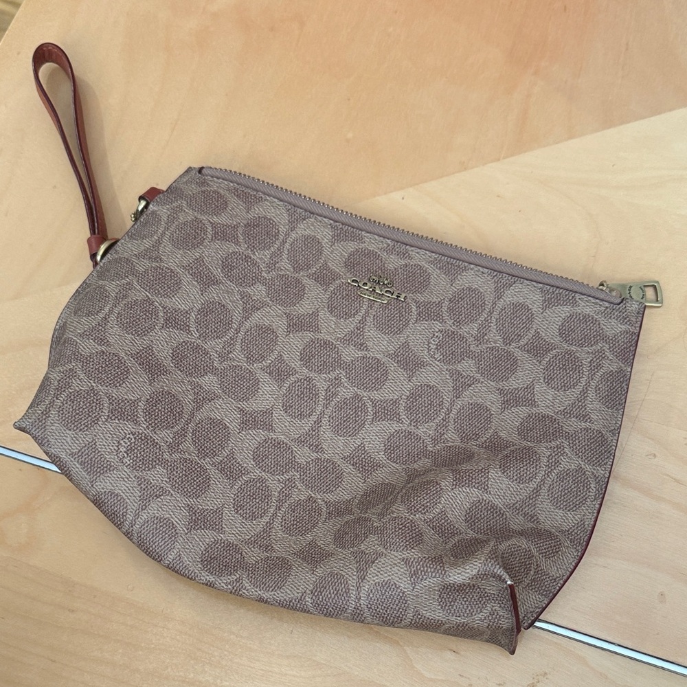 Coach Monogram Wristlet in Brown and Burgundy
